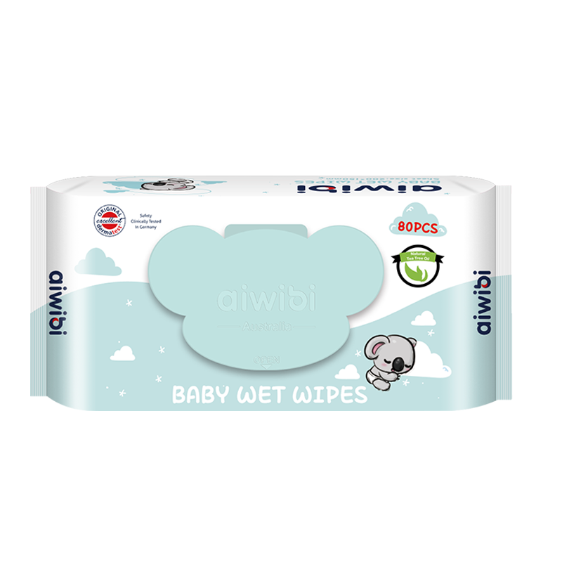 (CARTON DEAL 12 PACKS!) Aiwibi Gentle Soft Baby Wet Wipes, 80Pcs, Natural Tea Tree Scent, Koala Lid, 200mm*150mm