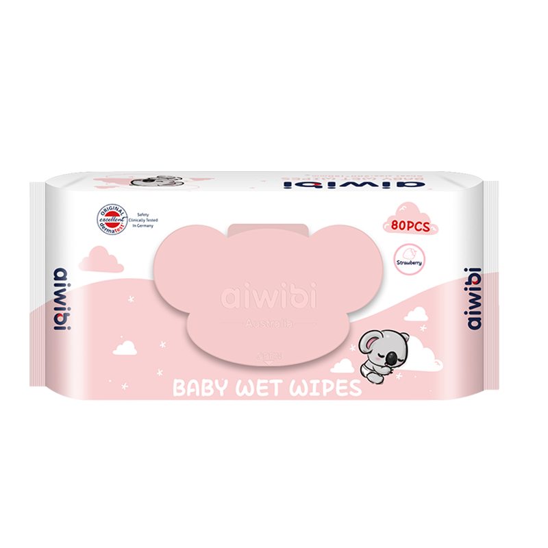 (CARTON DEAL 12 PACKS!) Aiwibi Gentle Soft Baby Wet Wipes, 80Pcs, Strawberry Scent, Koala Lid, 200mm*150mm